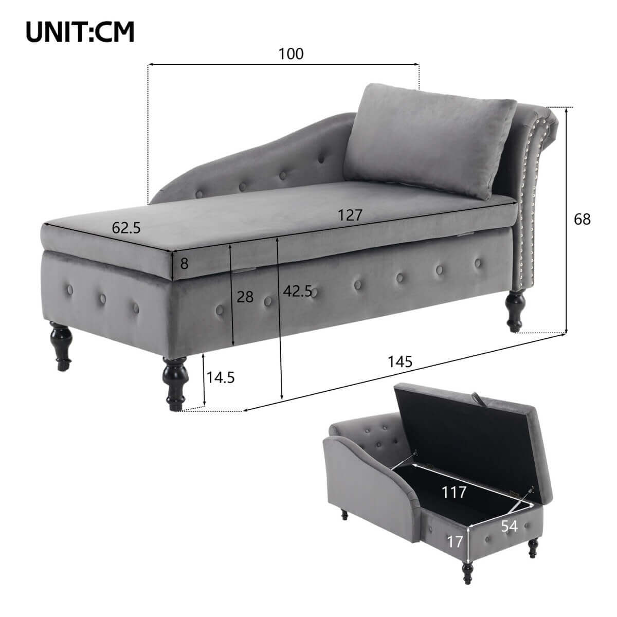 Velvet Chaise Lounge with Storage - Upholstered Right Hand Chaise Sofa, Button Tufted