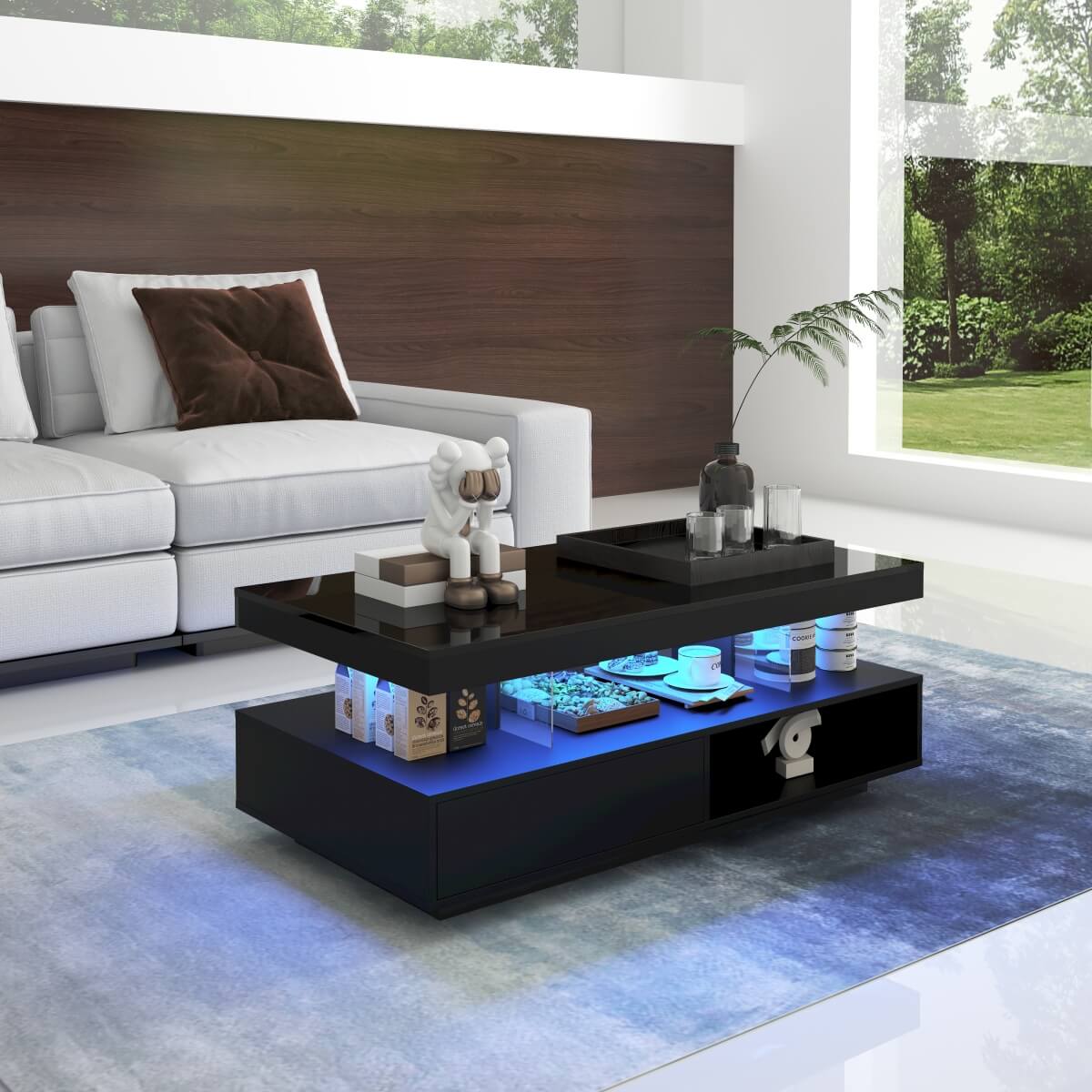 High Gloss Coffee Table with LED Lights - Modern Black Storage Centre Table