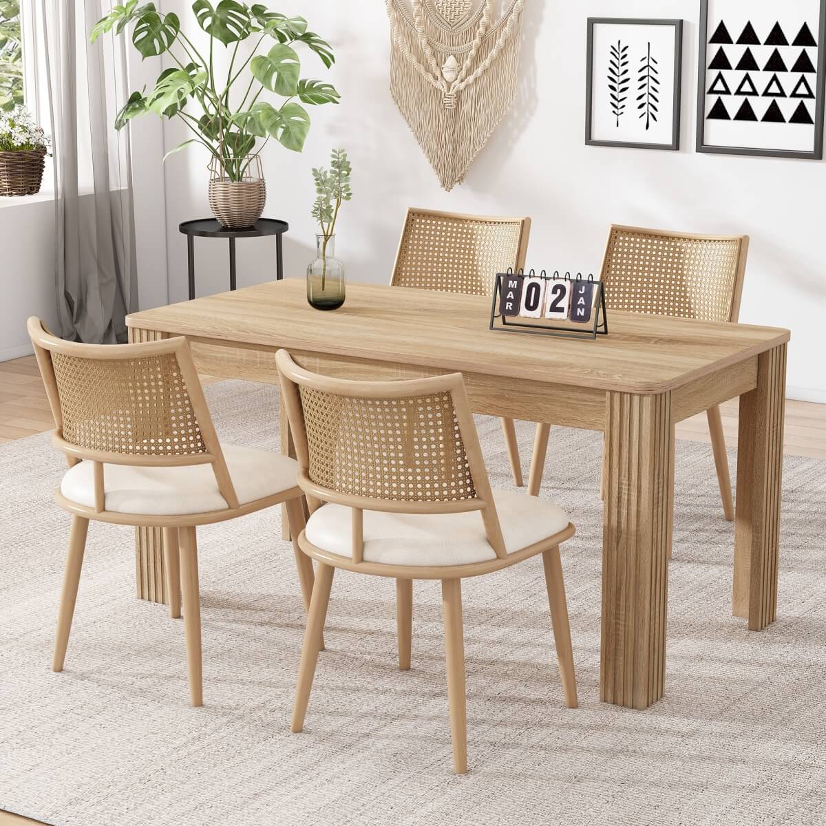 Set of 2 PU & Rattan Kitchen Chairs – Bamboo Frame Retro Side Chairs for Home, Café & Restaurant