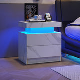 Nightstand LED Bedside Table with 2 Drawers, White Stone