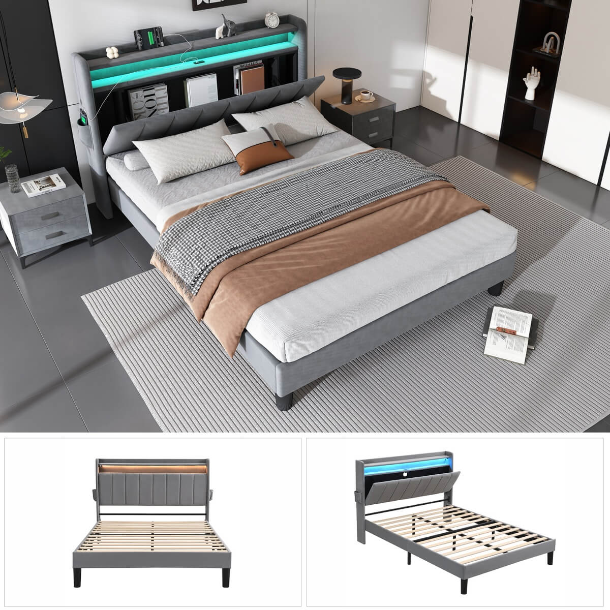 4ft6 Double Velvet LED Storage Bed - Upholstered Bed with USB & Type-C Charging, Grey