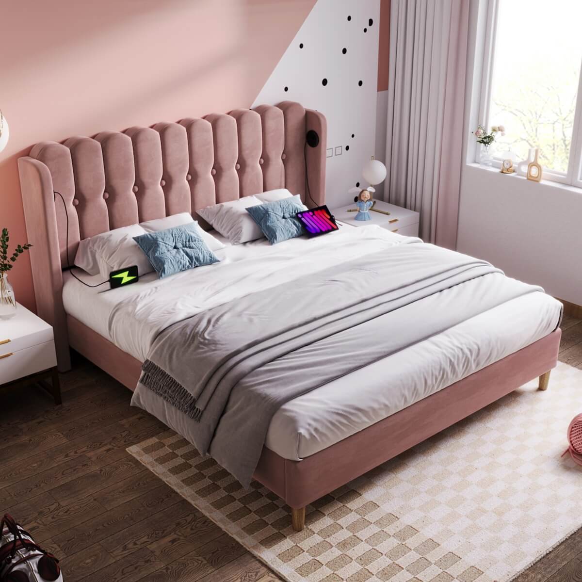 4ft6 Double Pink Velvet Bed – Upholstered Bed with USB & Type-C Charging for Teens & Gu est Rooms