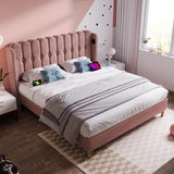 4ft6 Double Pink Velvet Bed – Upholstered Bed with USB & Type-C Charging for Teens & Gu est Rooms
