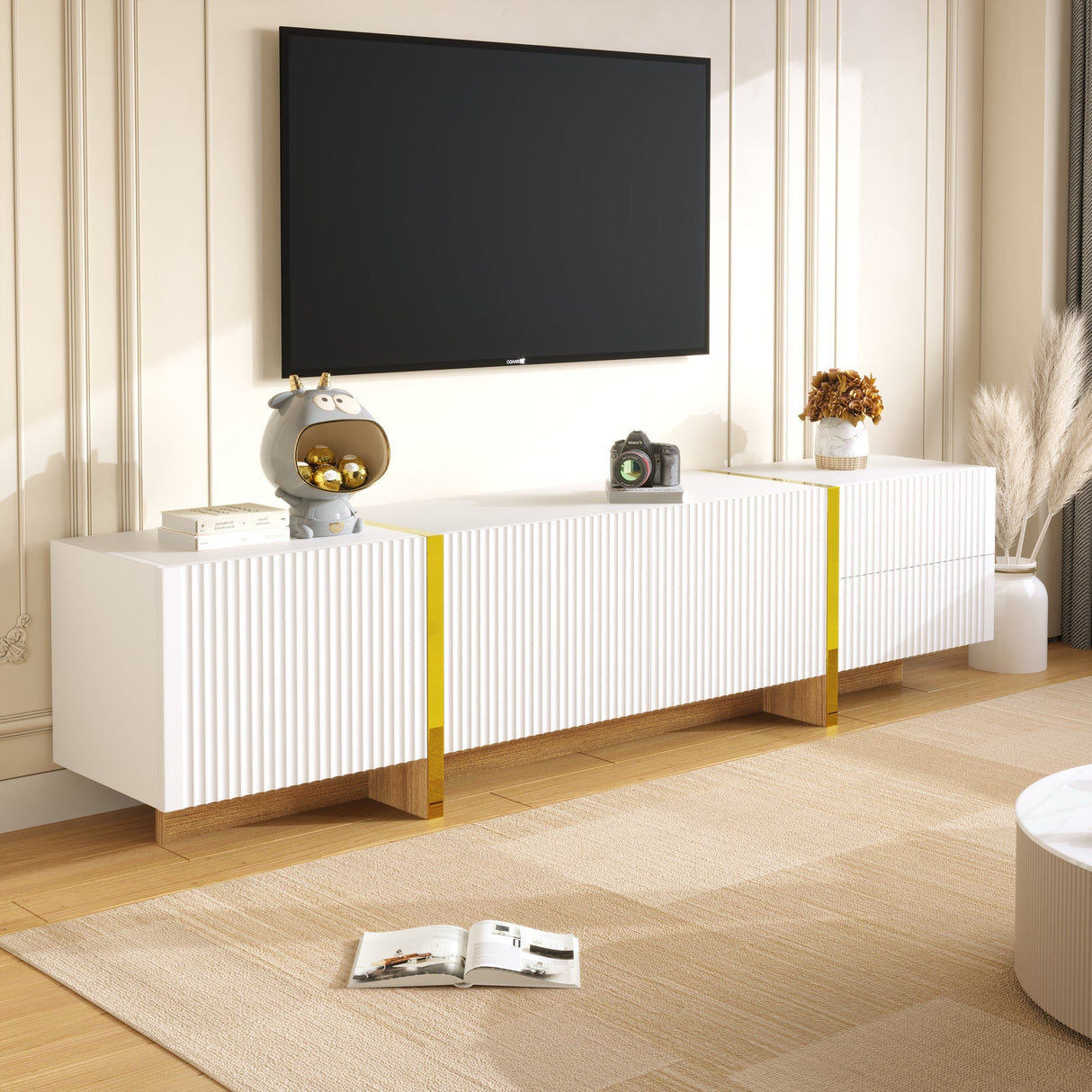 TV Cabinet 190 cm 3 Doors 2 Drawers, White Gold Wood Grain