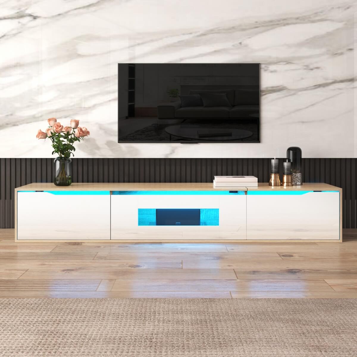 TV cabinet, high gloss, white and wood color, with color changing LED light