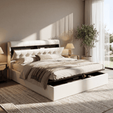 5ft King Upholstered Ottoman Bed - Hydraulic Storage Bed with Concealed Headboard Storage, Cream White