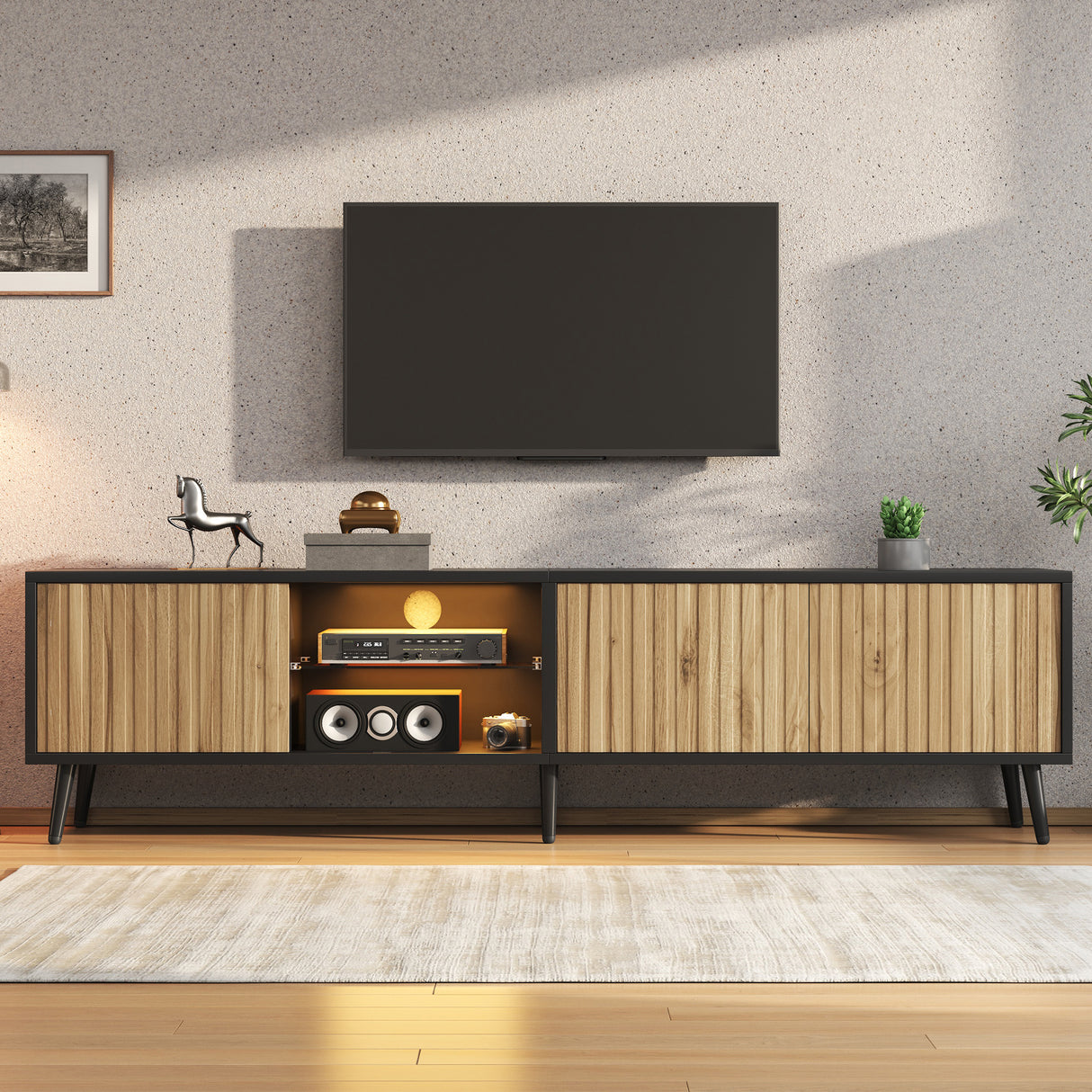 Mid-Century Modern LED TV Stand, Lowboard,TV Cabinet with LED Light, TV Unit, Modern Industrial Entertainment Center, 175cm Black Media Console  Low Storage Cabinet for Living Room