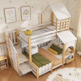 Single Over Double Triple Sleeper Bunk Bed with Storage Stairs - Kids House Bed with Roof and Safety Rails, White and Wood Effect, 90x190cm and 135x190cm