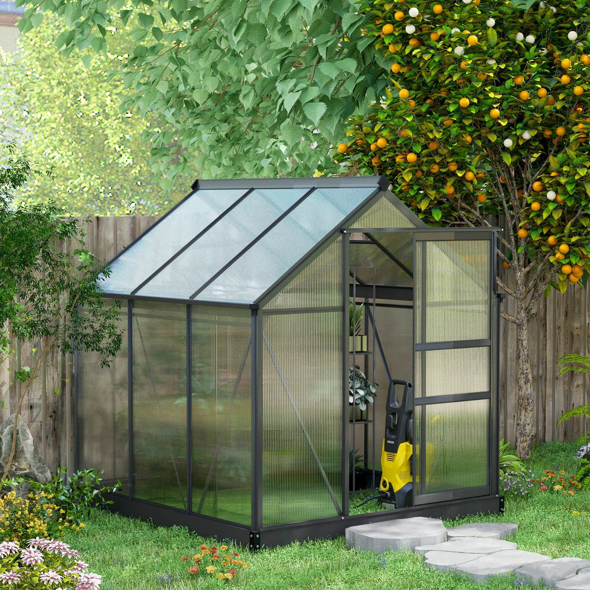 Polycarbonate Greenhouse 6x6ft, Walk-In with Slide Door & Window, Grey