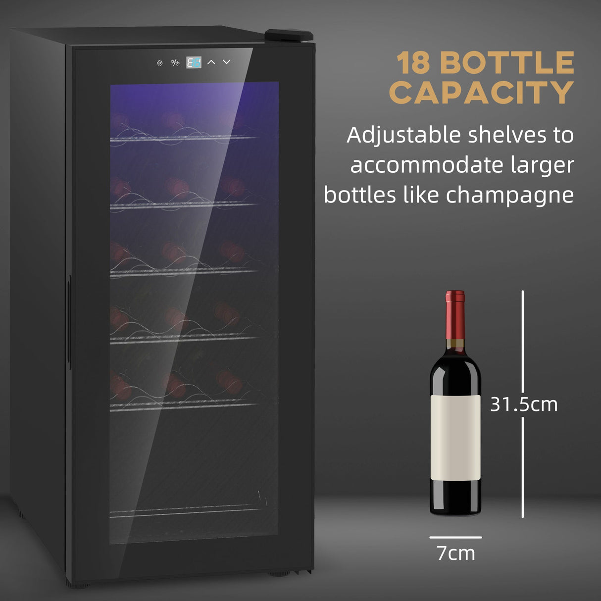 Wine Cooler, 50L 18 Bottle Freestanding with Glass Door, Black