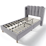 3ft Single Grey Linen Bed – Upholstered Bed Frame with USB & Type-C Charging, Wooden Slats, Teens & Guest Room
