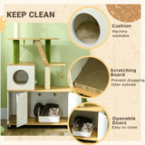 2-in-1 Hidden Cat Litter Box, with House, Ladder, Scratching Posts, Platforms, Oak