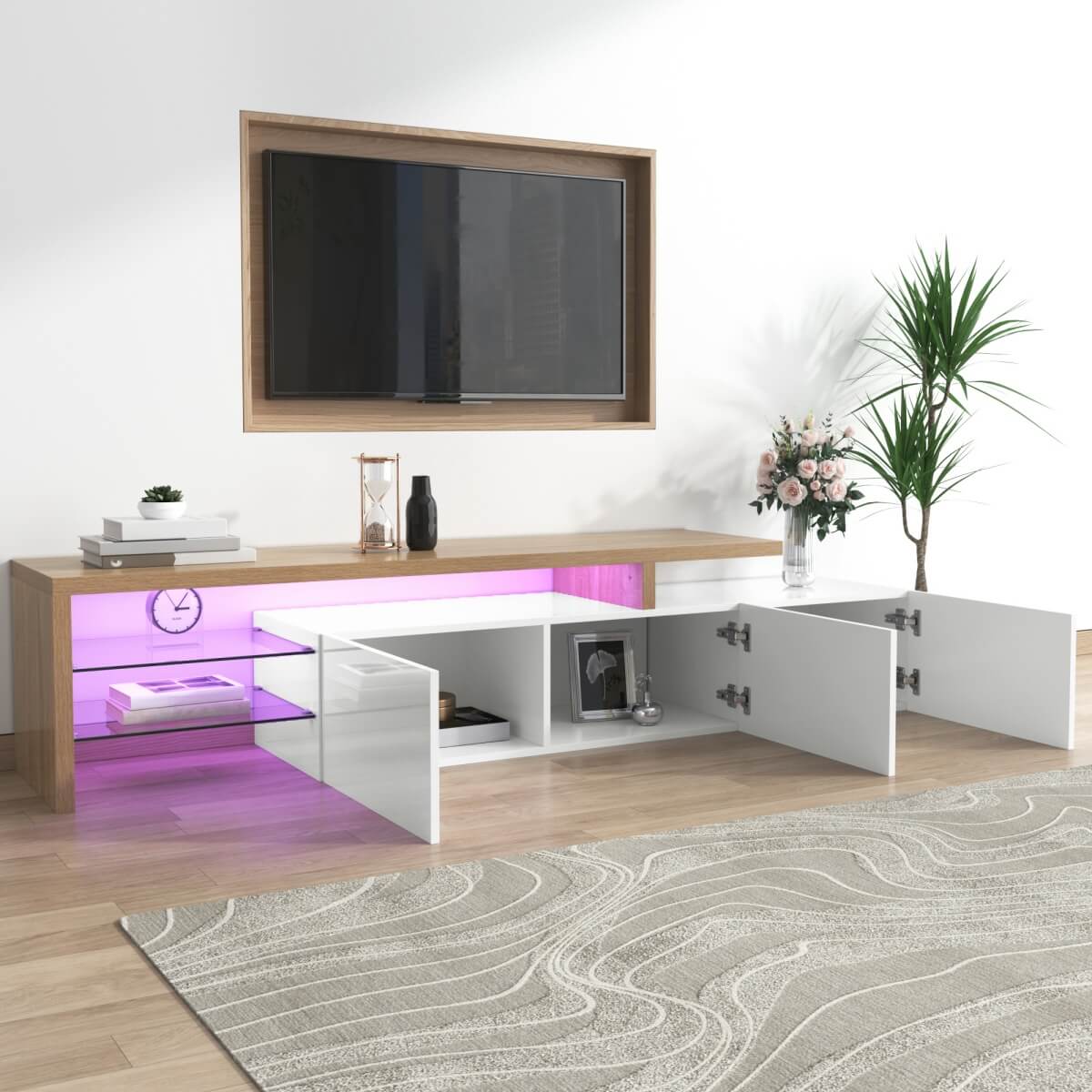 Modern TV Stand - High Gloss White TV Unit with Glass Shelves, LED Lighting & Storage, Wood Effect Design