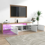 Modern TV Stand - High Gloss White TV Unit with Glass Shelves, LED Lighting & Storage, Wood Effect Design