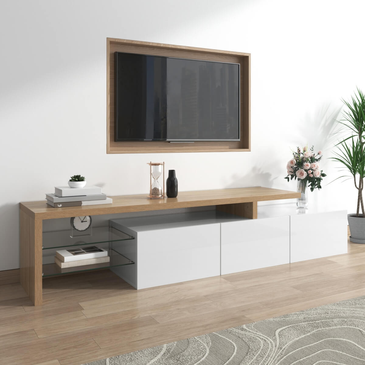 Modern TV Stand - High Gloss White TV Unit with Glass Shelves, LED Lighting & Storage, Wood Effect Design