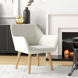 Accent Chair with Wide Arms, Slanted Back, Thick Padding, Rubber Wooden Legs, Cream White