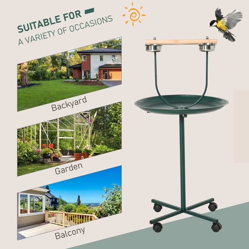 Bird Perch Stand, Four Wheels Feeding Bowls, Green