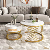 2-in-1 Round Coffee Table – Marble Effect Top, Rattan Drawers, Gold Iron Legs