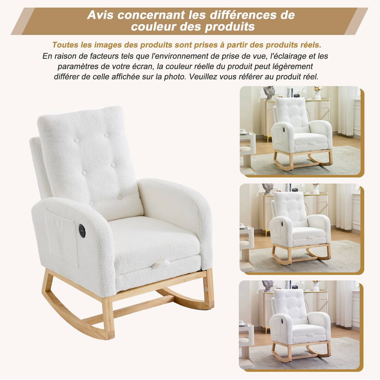 66.5*121.5*102cm Rocking Chair with USB Charging Ports, Nursing Rocking Armchair,Teddy Fabric Glider Rocker with Adjustable Footrest,Side Pocket, for Nursery Bedroom Living Room, White