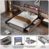 3FT Metal Bed Frame with LED Lights & 4 Drawers - Single Storage Bed with USB & Type-C Charging, Grey