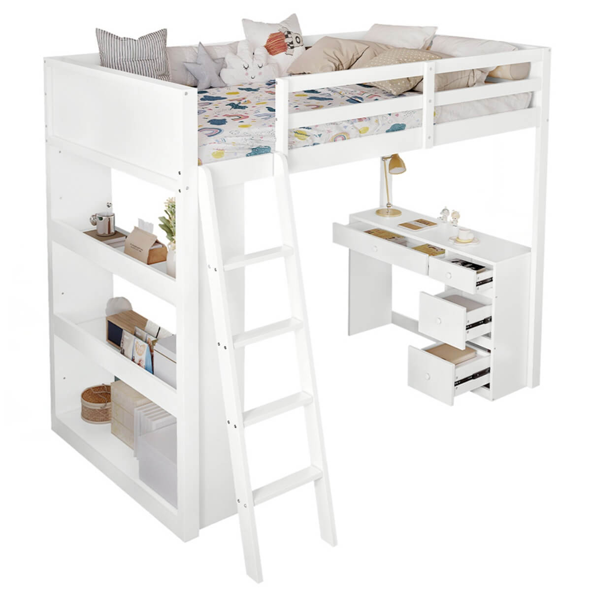 3ft Kids Bunk Bed with Desk & Storage – White Wooden Bed with 4-Step Ladder, Drawers & Shelves