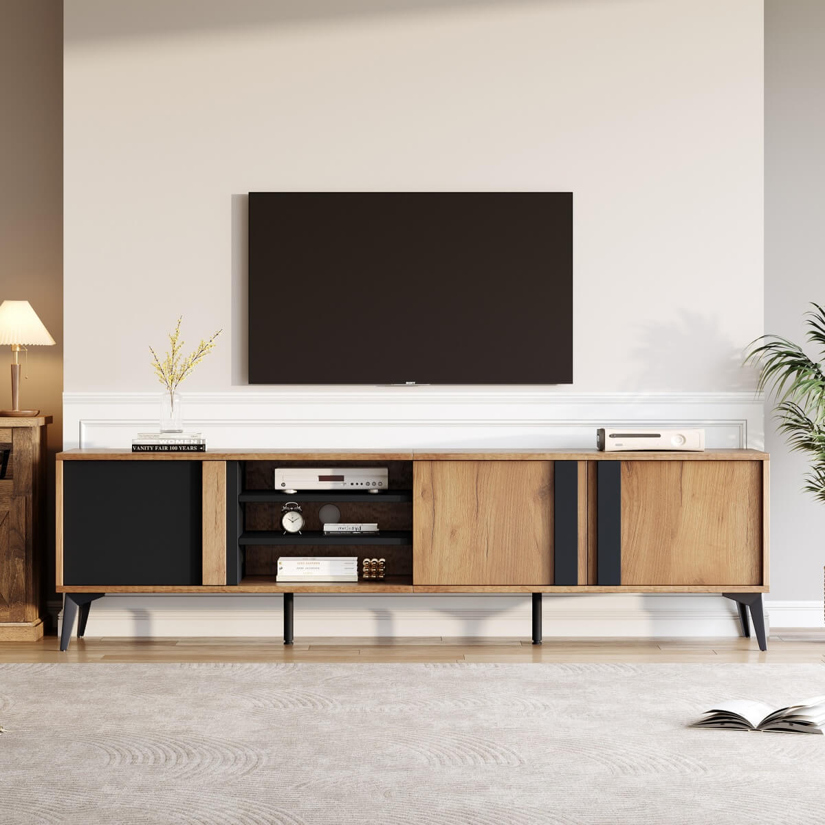 TV Unit for TVs up to 80 Inches - Industrial TV Stand with 3 Storage Cabinets, 3 Open Shelves and Steel Frame, Brown and Black
