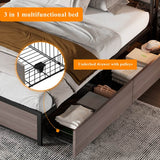 3FT Metal Bed Frame with LED Lights & 4 Drawers - Single Storage Bed with USB & Type-C Charging, Grey