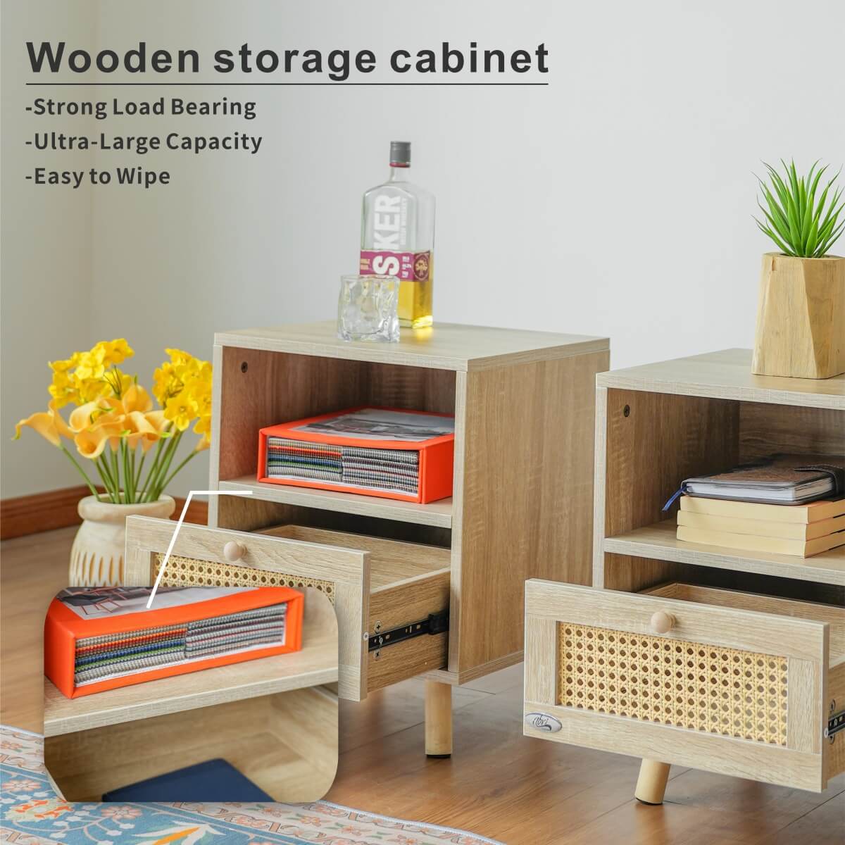 Set of 2 Solid Wood Side Cabinets - Freestanding Storage Cabinets