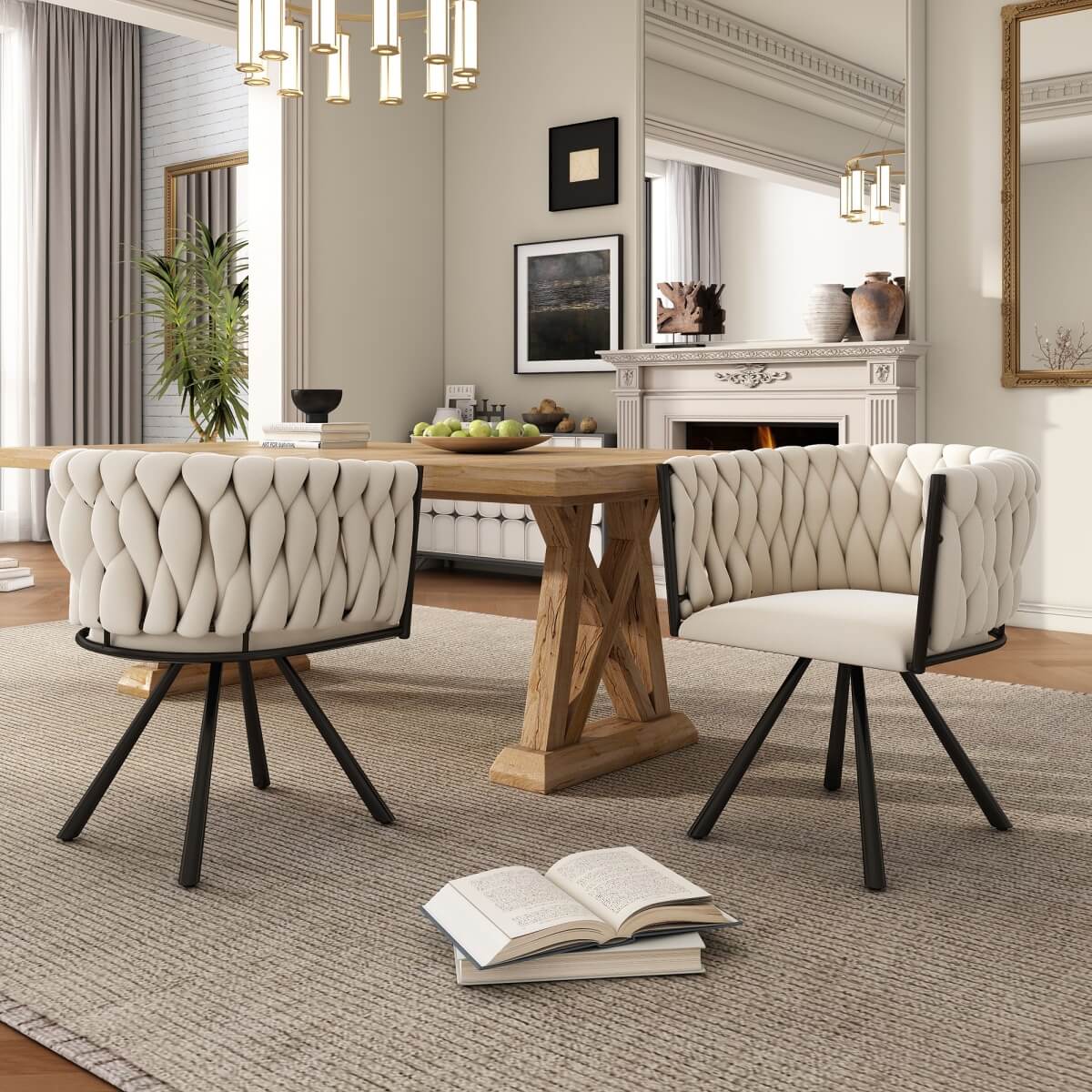 Set of 2 Velvet Swivel Dining Chairs - Luxury Armchairs, Beige