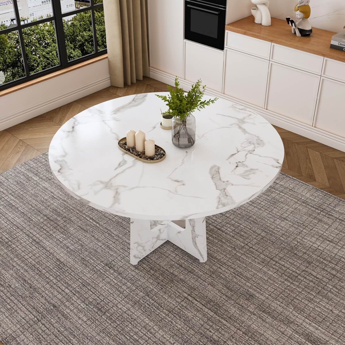 Round Dining Table for 4 - 47 Inch Farmhouse Kitchen Table with Wood Grain Finish, Circular Dining Table for Dining Room & Kitchen, White