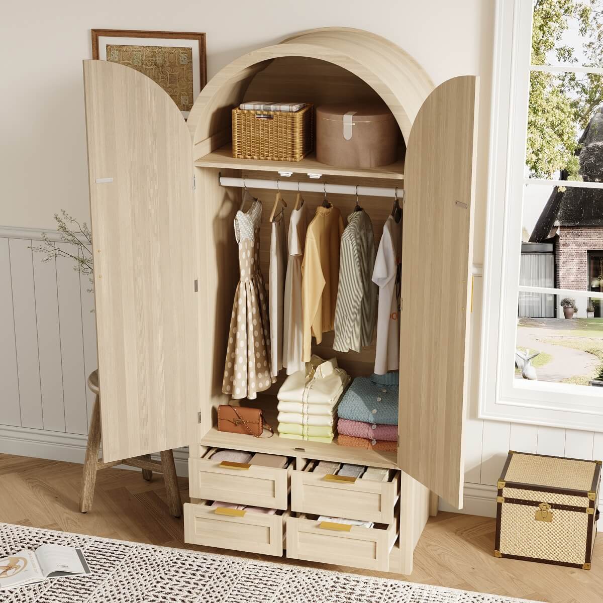 Modern Wardrobe with Curved Doors - Bedroom Storage Cabinet with Hanging Rail and Drawers, Oak