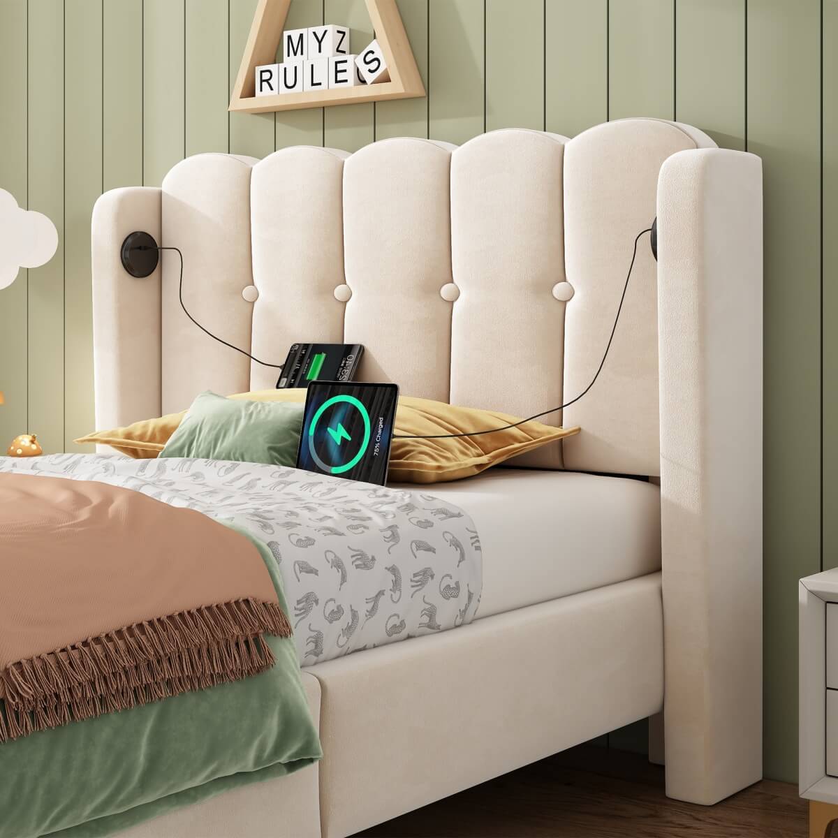 3ft Single Upholstered Bed - Velvet Bed Frame with USB & Type-C Charging, Wooden Slats, Beige