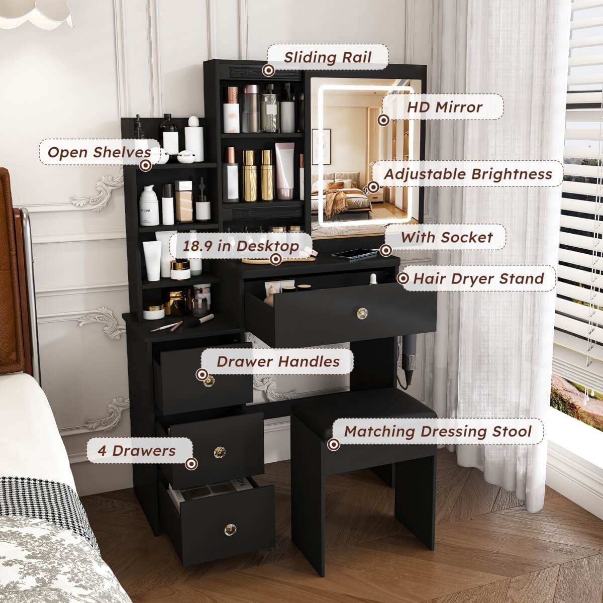 Modern Black Vanity Desk with 3-Mode LED Lighting - Dressing Table with 4 Drawers, Open Storage Shelves, Hair Dryer Holder, Power Socket & Chair