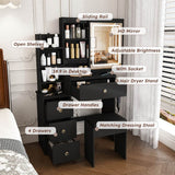 Modern Black Vanity Desk with 3-Mode LED Lighting - Dressing Table with 4 Drawers, Open Storage Shelves, Hair Dryer Holder, Power Socket & Chair