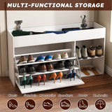 Entryway Shoe Storage Bench - 3-Tier Flip-Up Drawers and Hidden Cabinet, Space-Saving Design, White