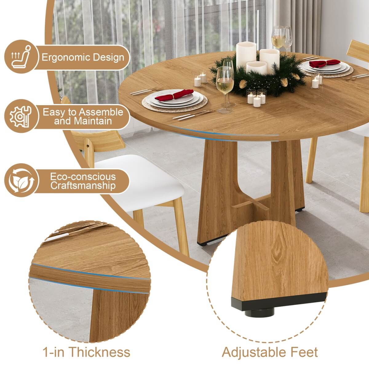 Round Dining Table for 4 - 47 Inch Farmhouse Kitchen Table with Wood Grain Finish, Circular Dining Table for Dining Room & Kitchen, Oak