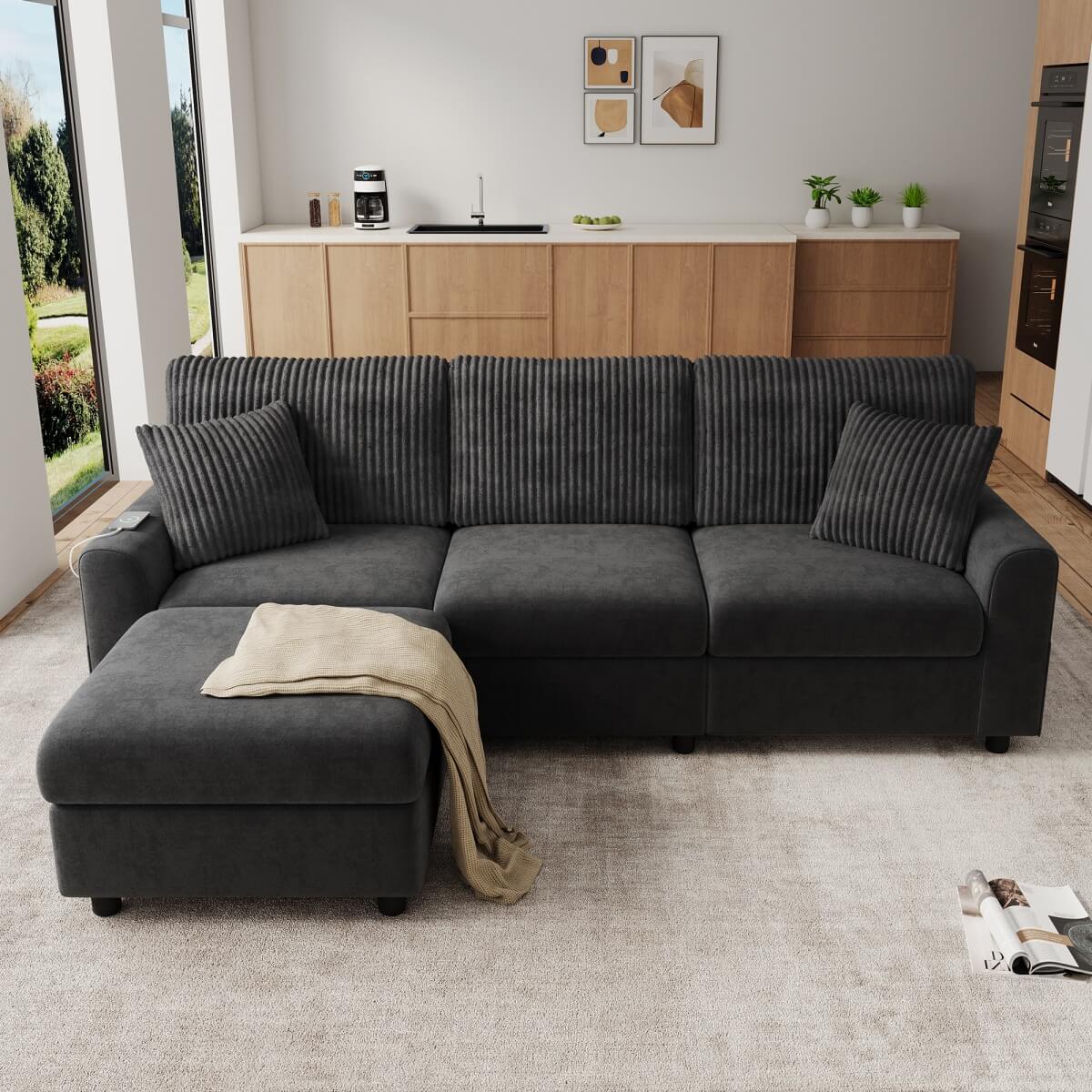 3-4 Seater Modern Sofa with Footstool - USB and Type-C Charging, Dark Grey