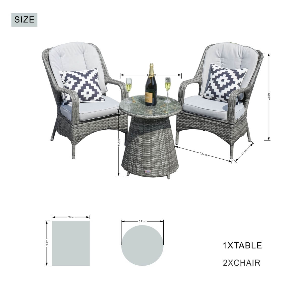 3-Piece Grey Rattan Bistro Set - Outdoor Garden Chairs with Round Coffee Table