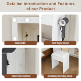 Makeup Vanity Desk with Mirror - 9 Hollywood Lights, 4 Drawers, Open Storage, Power Socket, Hair Dryer Holder & Stool, White