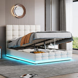 Ottoman Double Bed with LED Lighting, Hydraulic Storage, Adjustable Button Tufted Headboard, Cream White PU Leather (No Mattress)