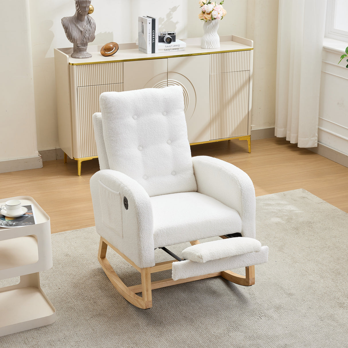 66.5*121.5*102cm Rocking Chair with USB Charging Ports, Nursing Rocking Armchair,Teddy Fabric Glider Rocker with Adjustable Footrest,Side Pocket, for Nursery Bedroom Living Room, White