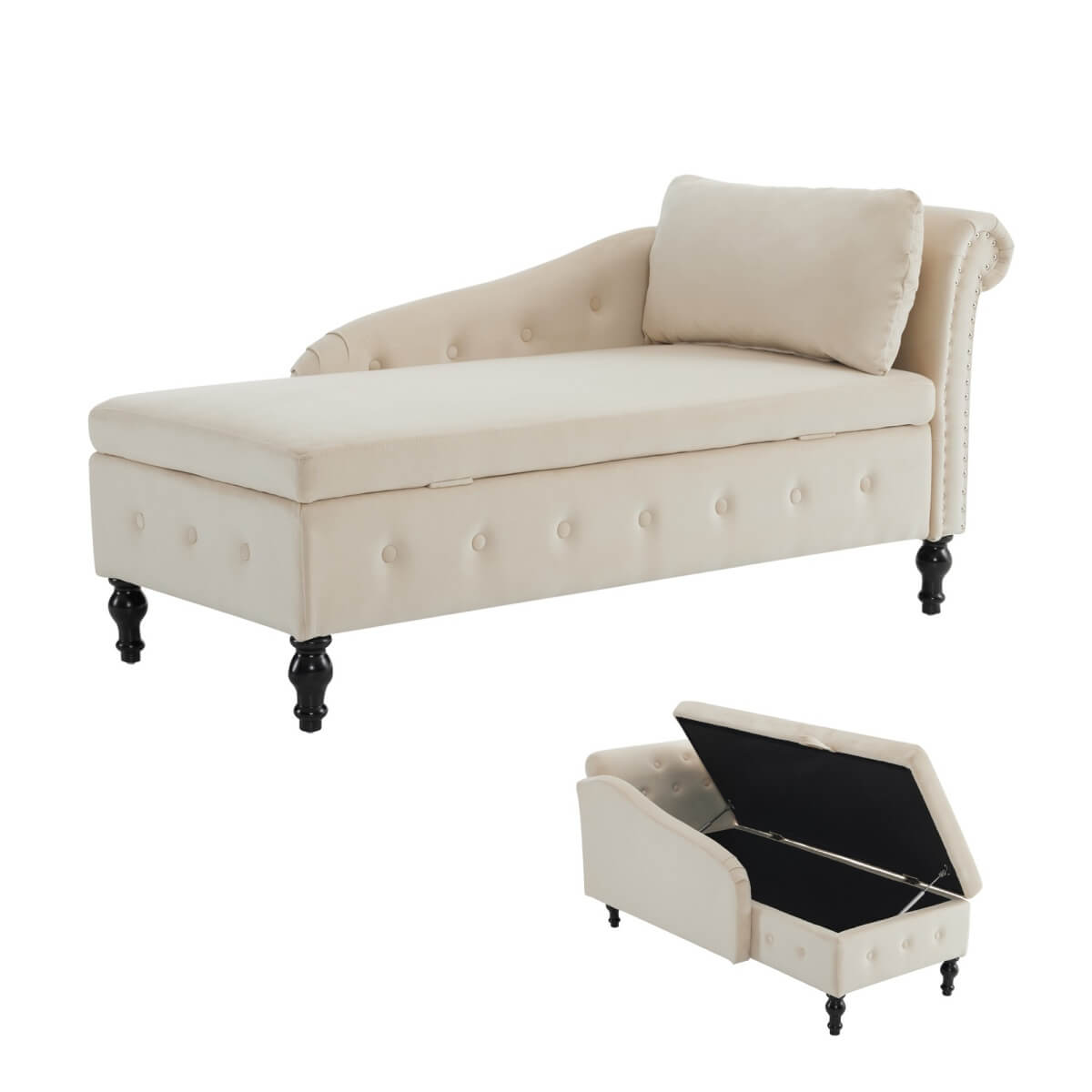 Velvet Chaise Lounge Sofa with Storage – Modern Upholstered Couch, Button-Tufted, Living Room