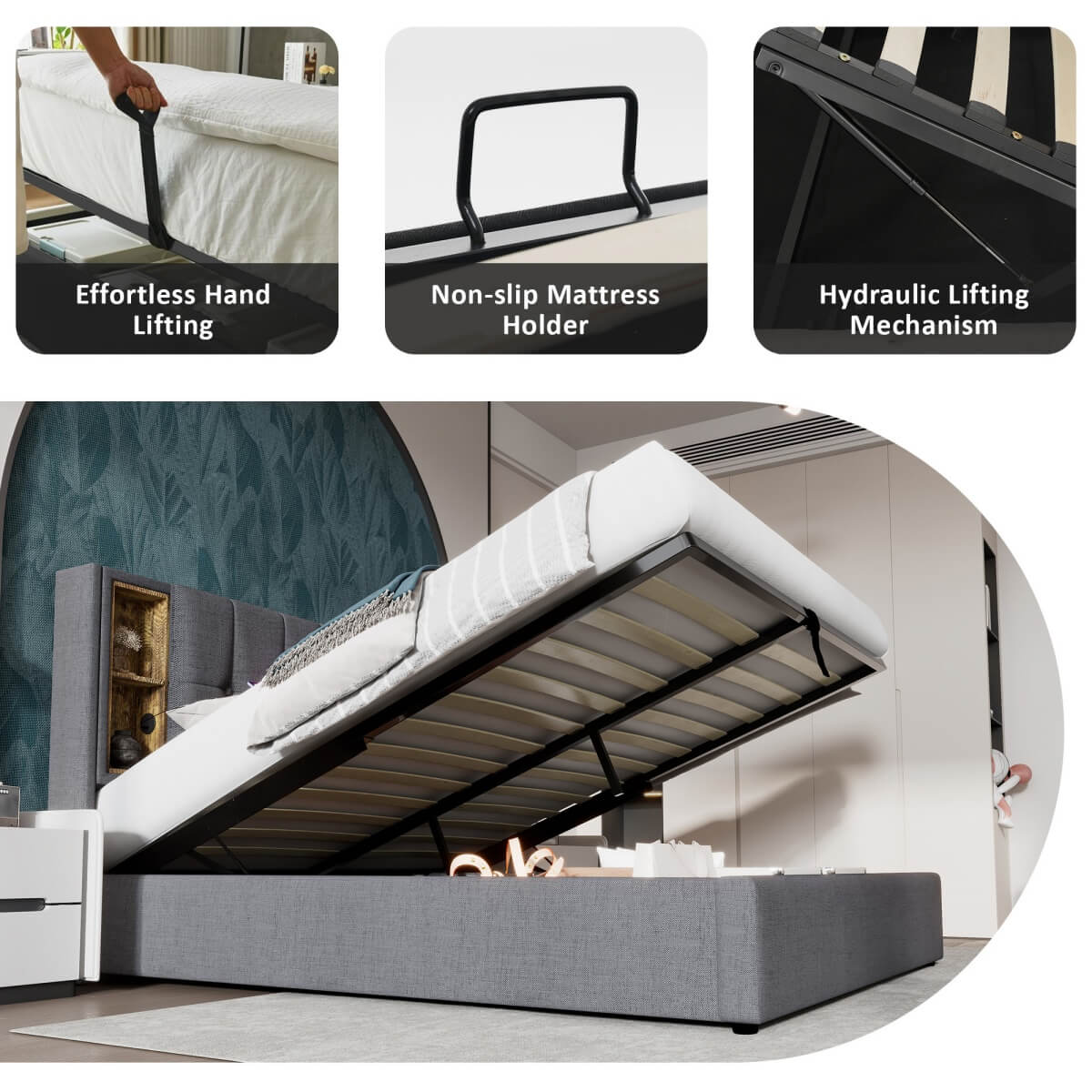4ft6 Double Ottoman Bed Frame - Upholstered Storage Bed with Wireless Charging & USB C, Grey