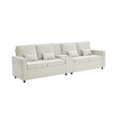 4-Seater Modern Sofa - Grey Linen, Storage Console, Cup Holders & USB/Type-C Charging