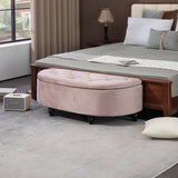 Semi-Circle Ottoman Storage Bench, Tufted Upholstered Footrest Stool, Rubberwood Legs, Pink