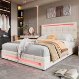 4ft6 Double Velvet Hydraulic Storage Bed with LED Lights - Upholstered Bed Frame, Beige
