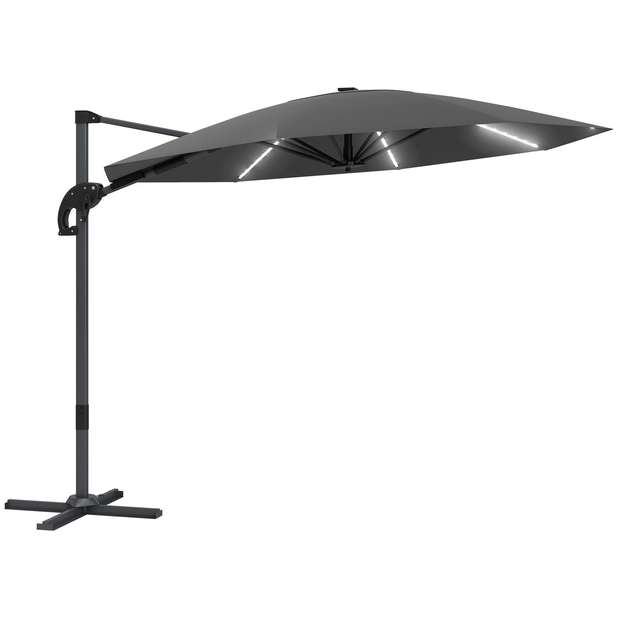 Cantilever Garden Parasol, Solar Powered Lights, Crank Handle, Cross Base, UPF 50+, 360?? Rotation, Dark Grey
