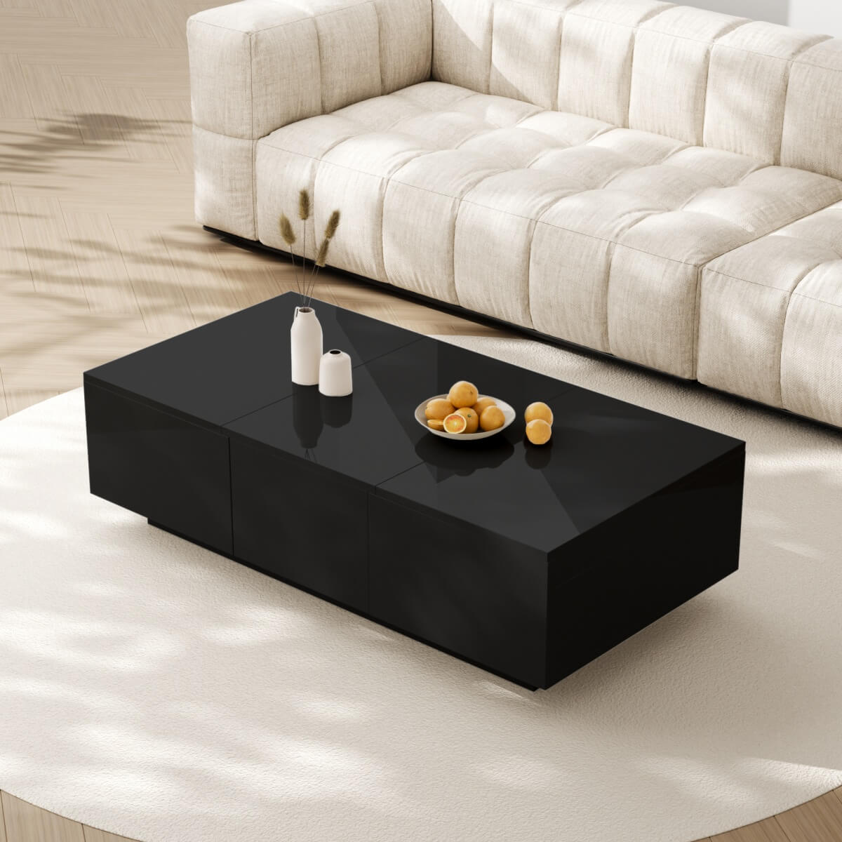 High Gloss Black Coffee Table with Storage - Push-to-Open Drawers, Modern Living Room Table