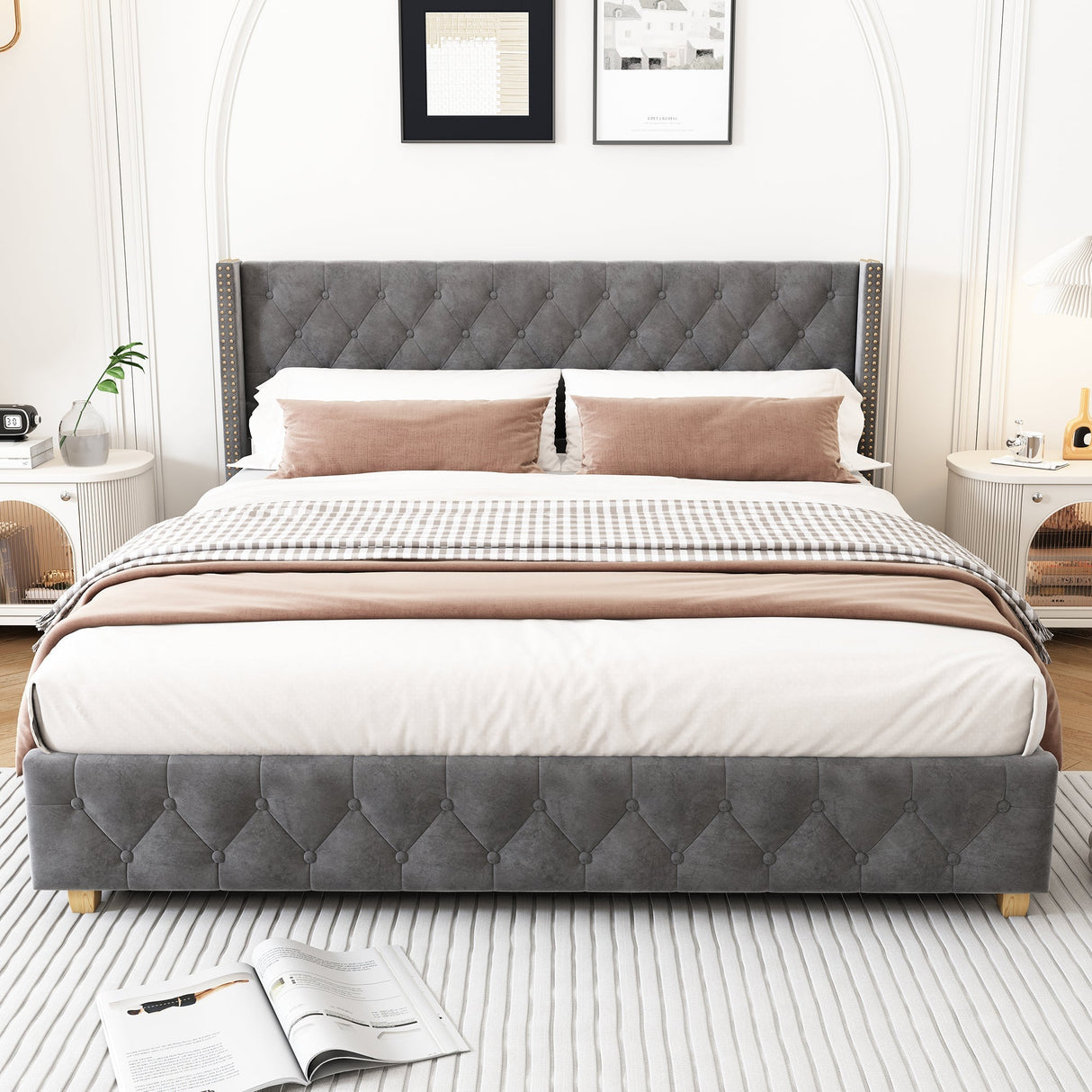 Upholstered Double Bed (4ft6/135x190cm) with Slatted Frame, Headboard, Button & Rivet Upholstery, Wooden Legs, Grey Velvet