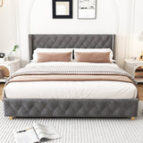 Upholstered Double Bed (4ft6/135x190cm) with Slatted Frame, Headboard, Button & Rivet Upholstery, Wooden Legs, Grey Velvet